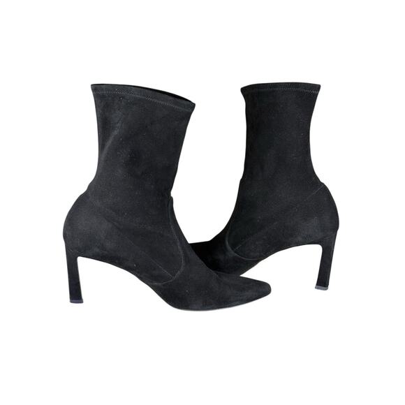 Stuart Weitzman Black Suede Sock Ankle Boots Pointed Toe Size 10M Heels - Picture 4 of 13
